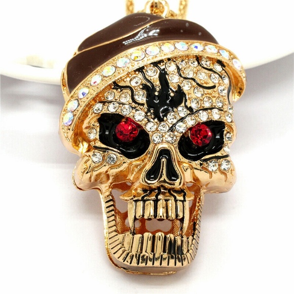 Crystal Skull Necklace Red Eyes with brown beanie - Picture 2 of 3